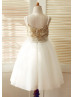 Spaghetti Straps Gold Sequin Ivory Tulle Knee Length Flower Girl Dress